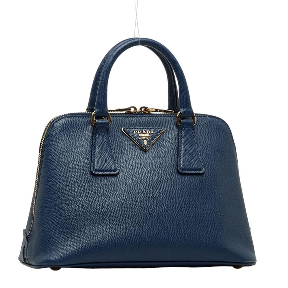 Prada Saffiano Handbag Shoulder Bag 2way Blue Gold Leather - Picture 3 of 8